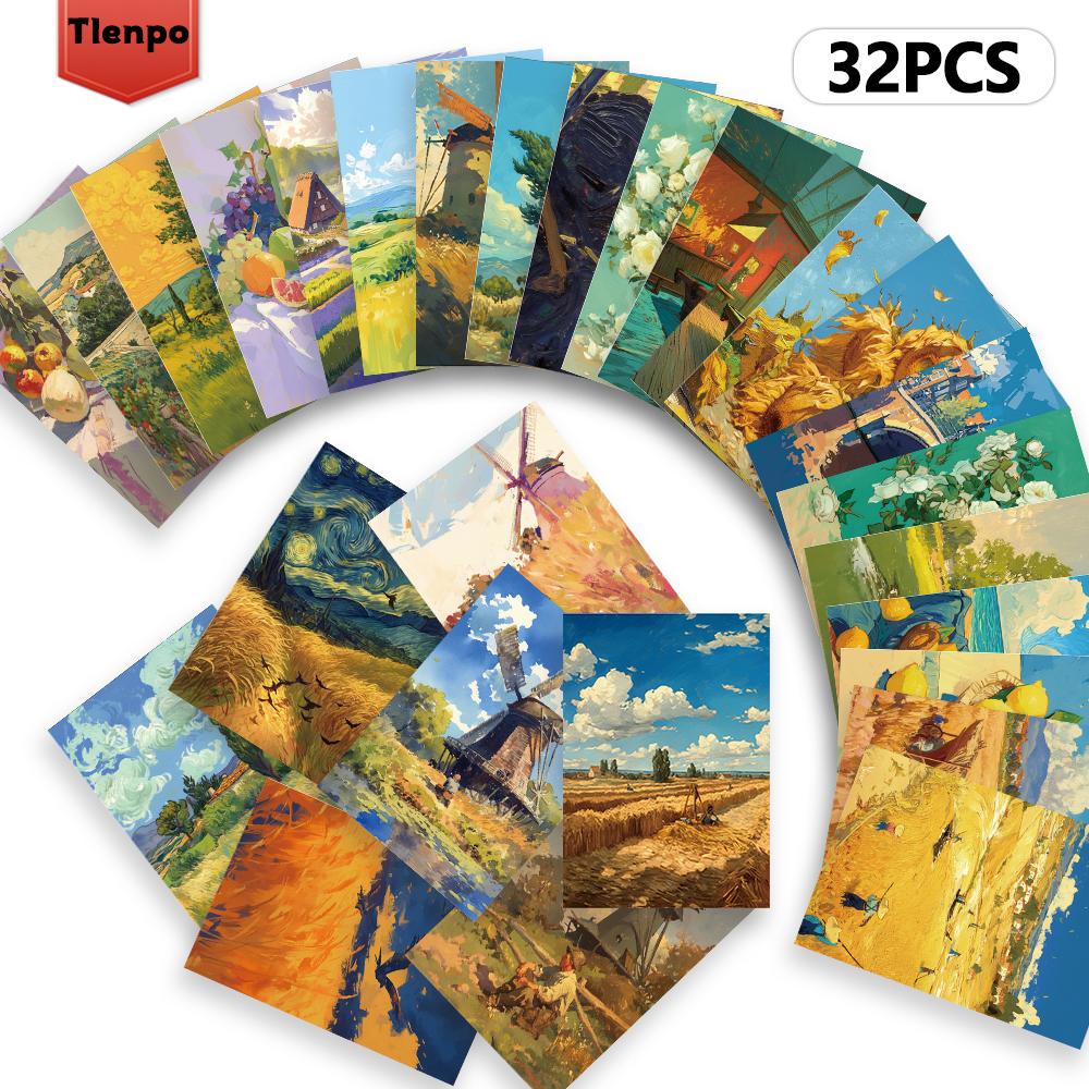 32pcs, Oil Painting Rustic Postcards, Room Decoration Stickers, Brochure Materials, Souvenirs, Collectibles and Mailing