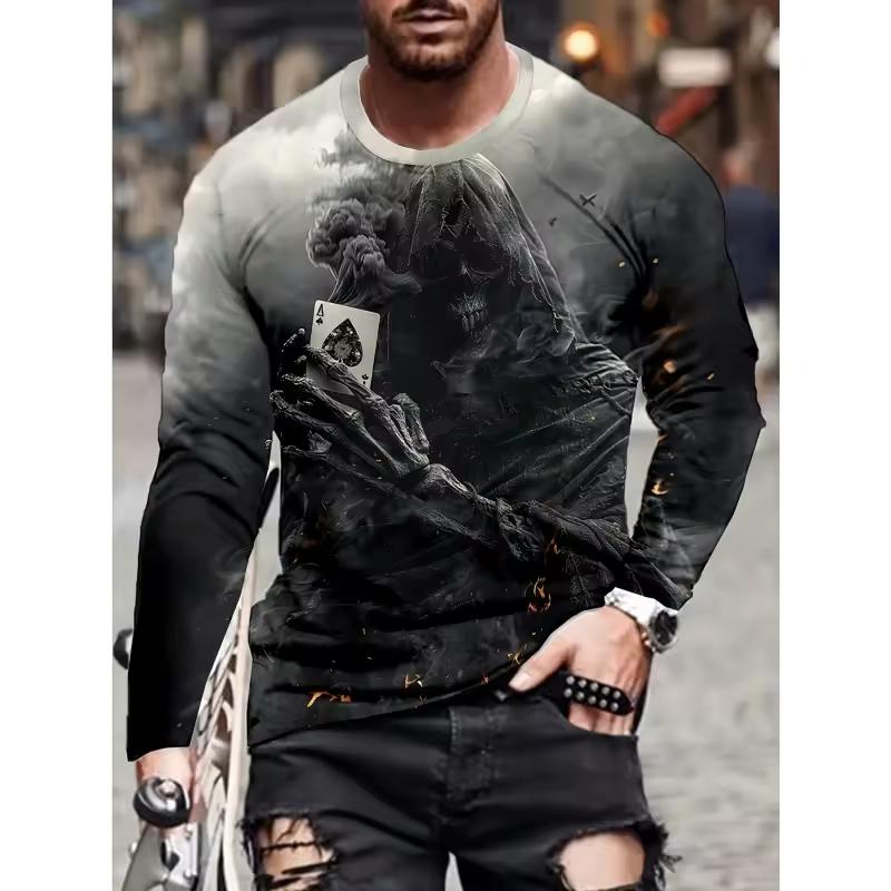 Милая футболка с абстрактным узором монстра для мужчин, крутые футболки с 3D-принтом черепа, осенние повседневные топы с круглым вырезом свободного кроя, футболки с длинными рукавами