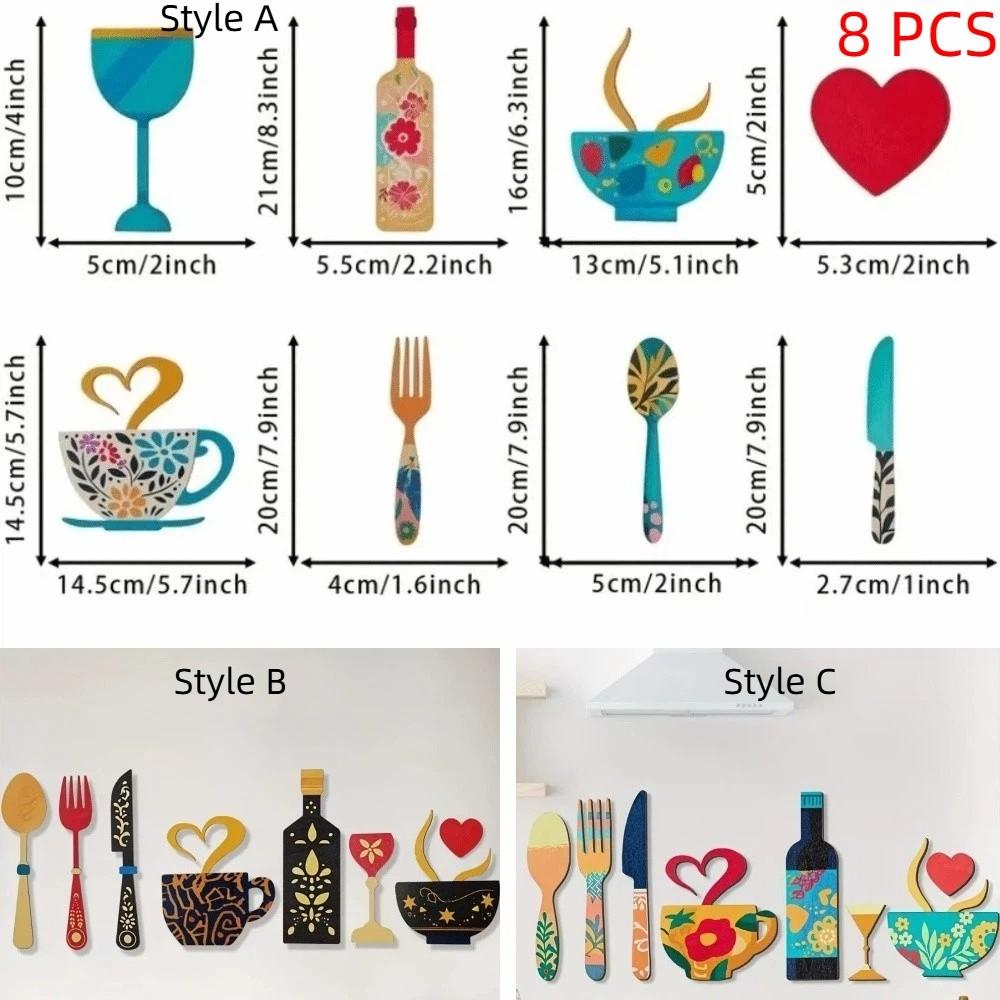 8PCS/SET Rustic Floral Kitchen Utensil Pendant Wood Coffee Cup Wall Sticker Wall Art Decals Bar