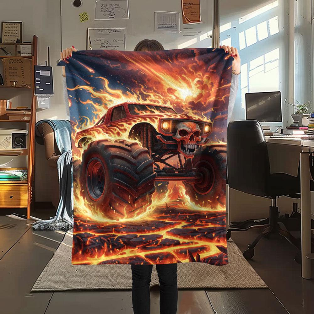 1Pc BadBeastTruck Print Flannel Blanket, High quality Comfortable for All Seasons, Home Decor, Warmth and Comfort, Perfect for Christmas Gifts