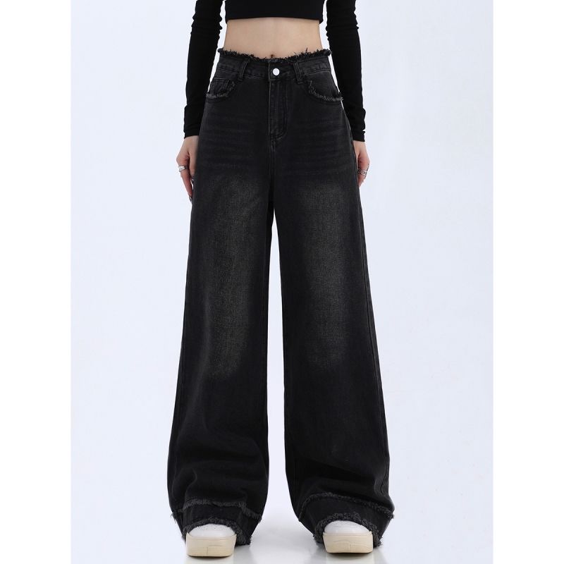 Черные джинсовые широкие брюки. Новые женские свободные повседневные прямые брюки со шваброй.