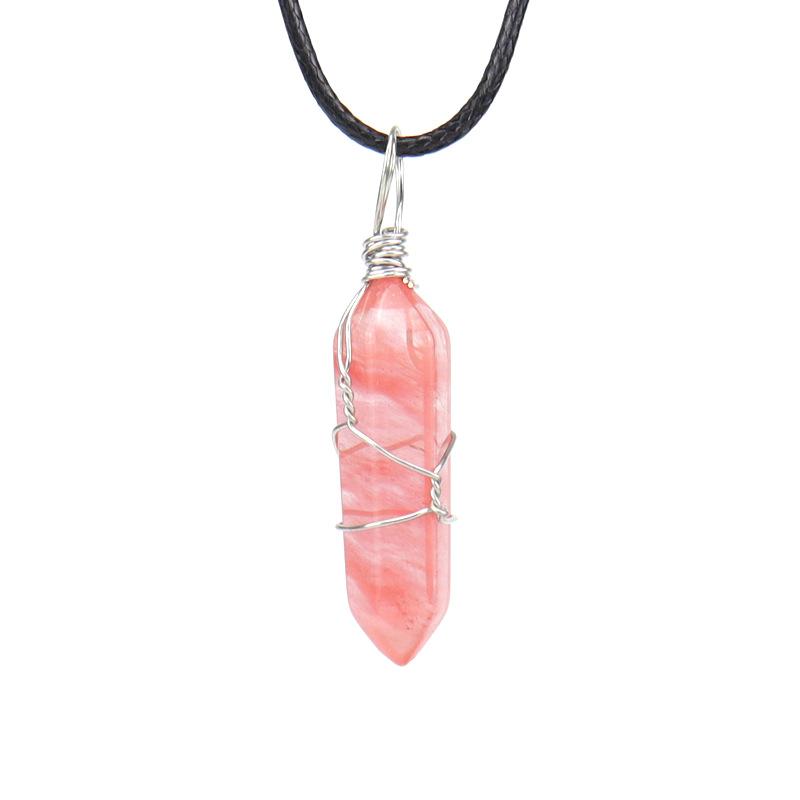 Hand-Wound Natural Stone Crystal Hexagonal Column Pendant Necklace N538 Geometric Beauty