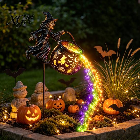 Garden Ornaments for Outside Decor Halloween Witch Stake Light Outdoor Decoration, 33.5 Inch Waterfall-Style Iron Stakes Lawn Cauldron