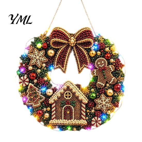 DIY Home Holiday Decor Acrylic Christmas Faux Pearl Art Hanging Kit, Lighted Wreath 3D Beaded Craft Painting Set Kit with LED String Light,