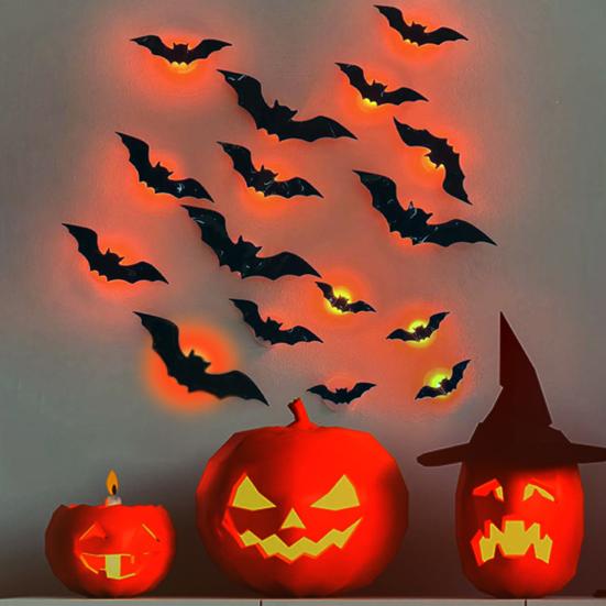 16 Pcs Lighted 3D Bat Sticker LED Halloween Bat Decorative Wall Sticker Light Up Glowing Bat Clings for Bedroom Window Wall Decor