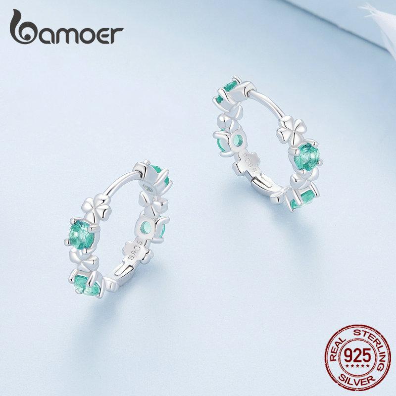 BAMOER стерлингового серебра 925 пробы, зеленое стекло, четырехлистный клевер, зажимы для ушей, серьги-кольца для женщин, ювелирные изделия, счастливый подарок