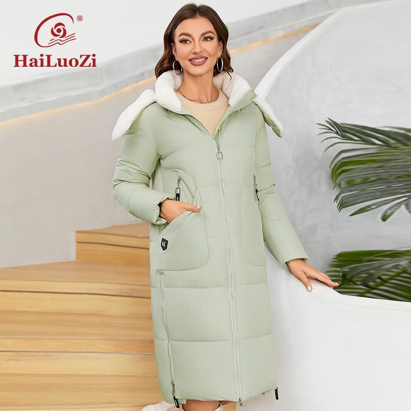 HaiLuoZi Новая женская зимняя куртка с теплым капюшоном и мехом, длинное стильное женское пальто с большими карманами, высококачественное стеганое женское пальто на молнии 3061