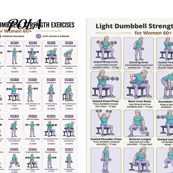 Dumbbell Workout for Weak Muscles 2 Pcs 28 Days Light Strength Exercise Poster Women 60+, Home Guide Gym Fitness Training Guide, Full Body Chart Wall