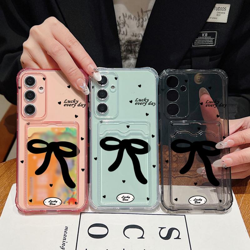 Черный чехол с бантом и слотом для карт, ударопрочный прозрачный чехол для Samsung S25 S24 FE S23 Ultra S22 A56 A36 A55 A16 A06 A15 A26, тонкий, мягкий, силиконовый чехол для телефона