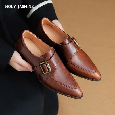 2024 Новые модные женские туфли-лодочки для офиса, весна-лето, зрелые ретро-туфли из натуральной кожи с острым носком на толстом каблуке, женские