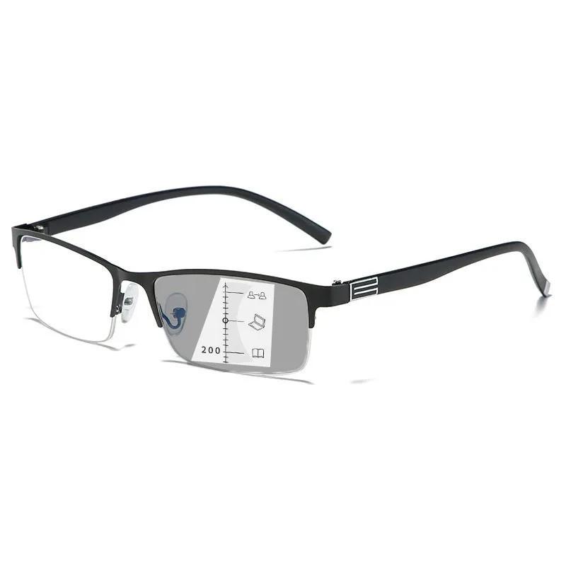 Business Half Frame Multifocal Presbyopia Eyewear Photochromic Reading Glasses Classic Color Changing Anti Blue Light Eyeglasses