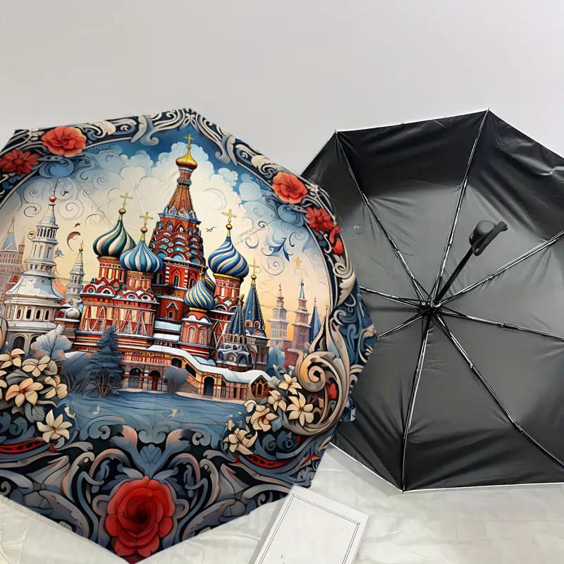 1 шт. Москва, Архитектура Зонт-8-спицевый усиленный, Автоматическое открытие, Легкий и прочный, Милый модный аксессуар для улицы, пляжа или повседневного использования, B