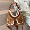 Retro PU Leather Double Pockets Shoulder Bag for Women 2024 Winter Trend New Y2K Plush Handbags Females Crossbody Bags