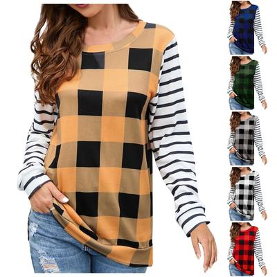 Женская модная повседневная клетчатая плюшевая футболка с круглым вырезом и длинным рукавом