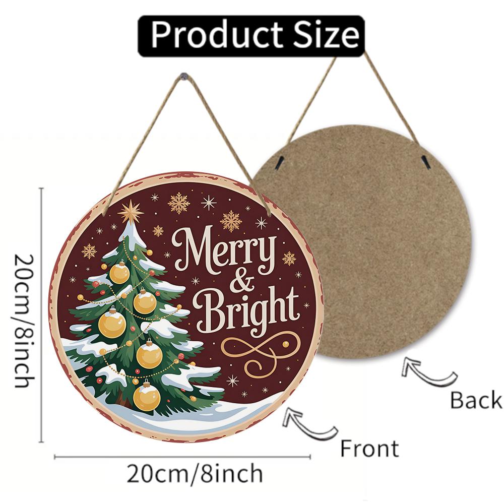 Vintage Merry and Bright Christmas tree sign Round Wooden Hanging Plaque seasonal wall art rustic farmhouse holiday home decor interior sign