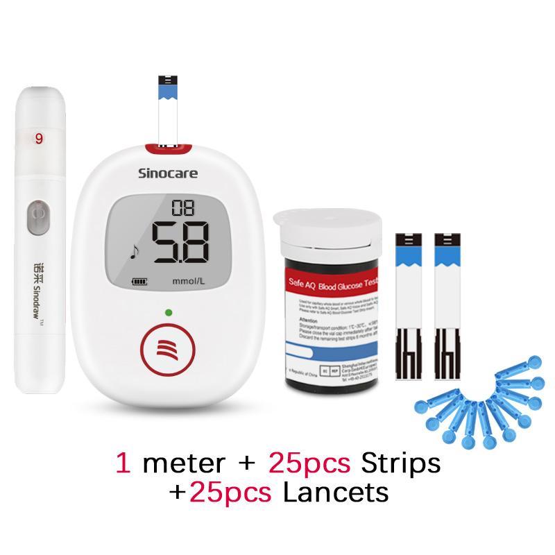 Sinocare Безопасный глюкометр AQ-Voice с 25/50/100/200 тест-полосками и ланцетами для диабета с голосовым напоминанием и световым предупреждением