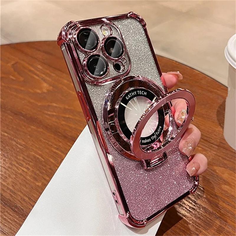 For iPhone 15 Pro Max Luxury Plating Magsafe Magnetic Stand Flash Phone Case For iPhone 11 12 13 14 15 Pro Lens Protective Cover