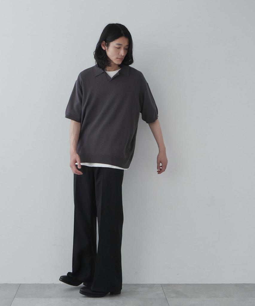 WEGO Skipper Short Summer Knit Loose Oversized Korean Size Dark Gray Men's Shirt, Sleeve, Top, T-Shirt, Clothes, Polo, Simple, Fit, Silhouette,