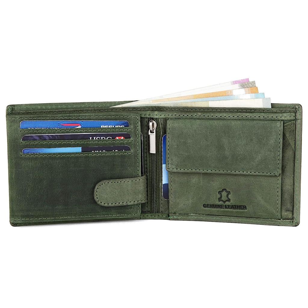 WildHorn Green Leather Wallet for Men I 9 Card Slots I 2 Currency & Secret Compartments I 1 Zipper & 3 ID Card Slots