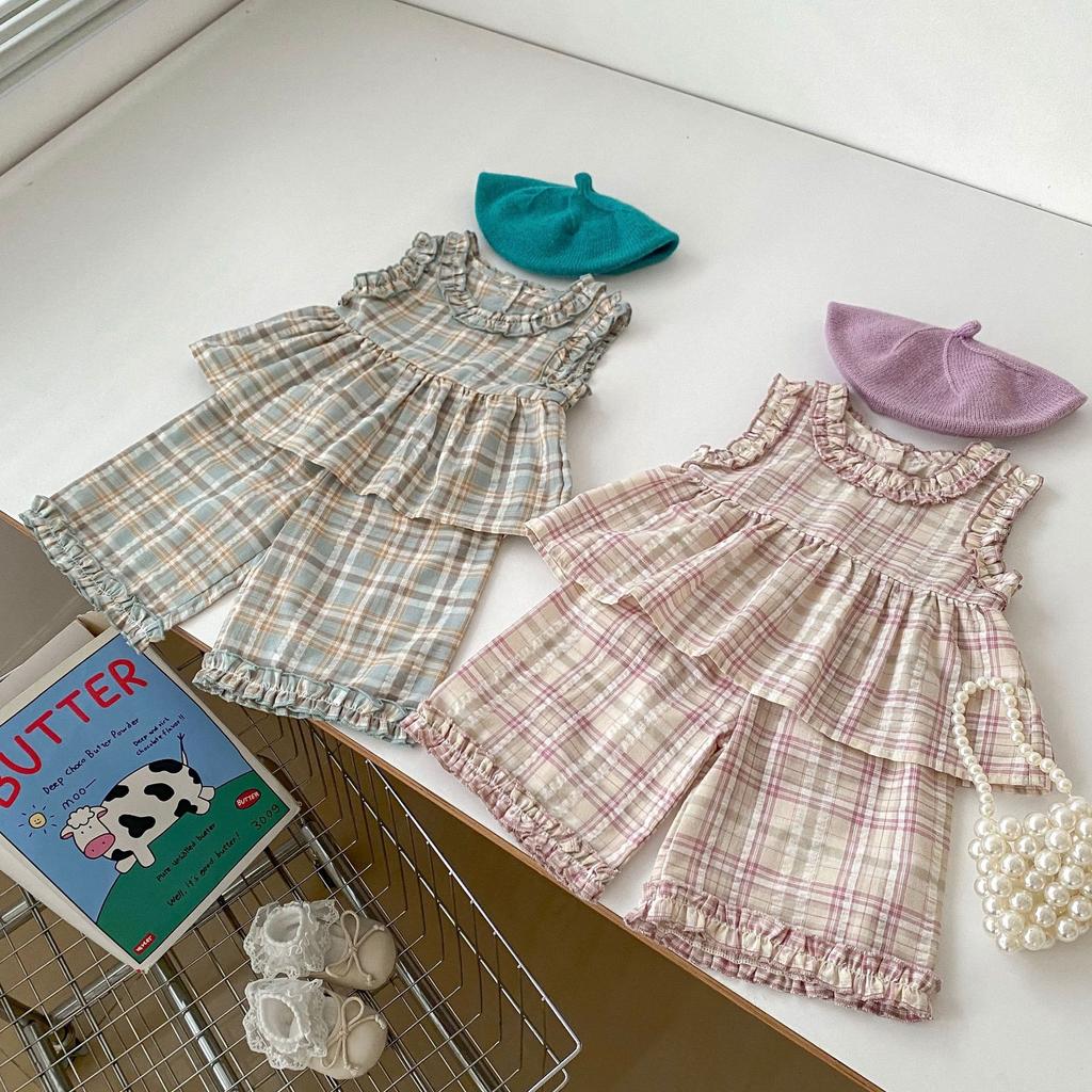 Girls Summer Plaid Sleeveless Top and Wide Leg Pants Set with Ruffle Trim