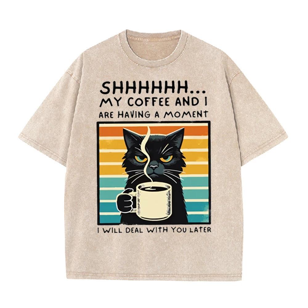2026 Funny Coffee Cat Quote T Shirt Vintage Washed Beige Retro Graphic Tee Unisex Casual Top