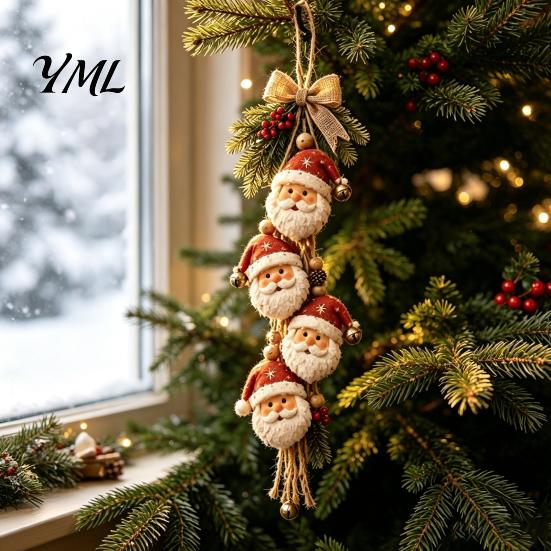 Santa Claus Decorations for Home Wooden Hanging Ornament, 2D Flat Pattern Sign with Jute Detailed Relief Holiday Hangings Rope And Bell, Vintage Door