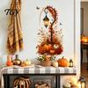 Holiday Glass Door Decals Autumn Pumpkin Street Lamp & Maple Leaves Wall Sticker, Waterproof PVC Fall Harvest Party Decorations Decal, Decorative Peel