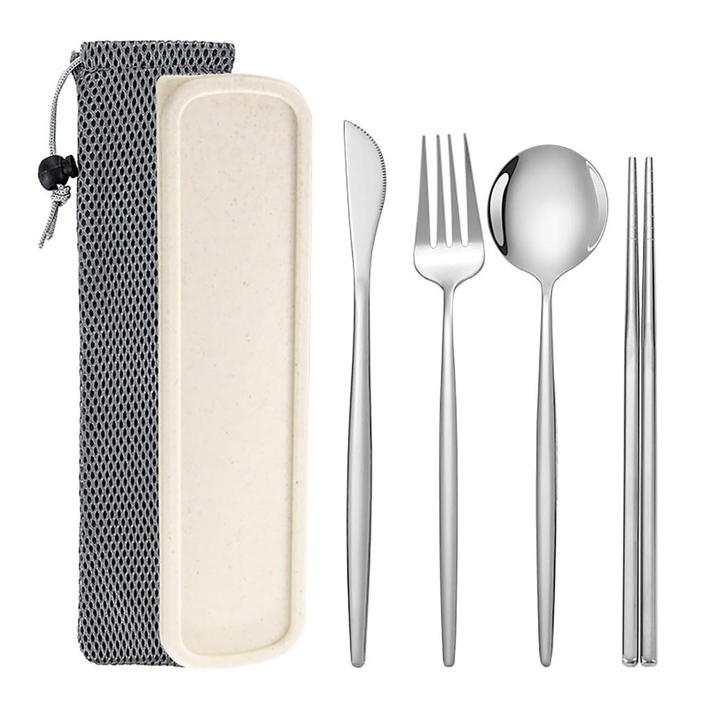 Hive Mind Cutlery Set Camping Outdoor Tableware Chopsticks Spoon Fork Knife for 1 Person Stainless Steel (Silver)