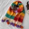 Winter Dopamine Rainbow Striped Thick Warm Brushed Fringe Fur Ball Scarf