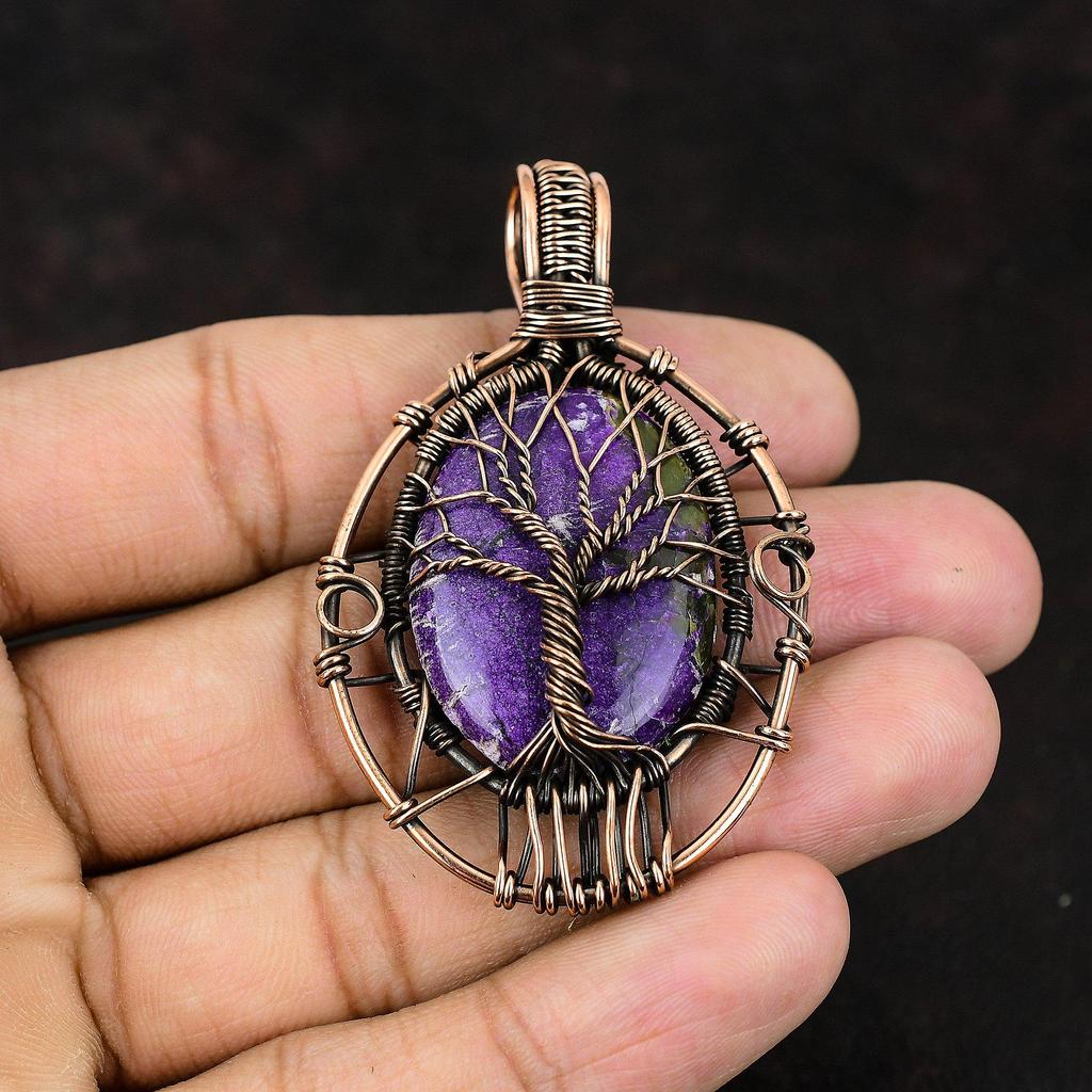 Подвеска из пурпурита «Дерево жизни» с драгоценным камнем, медной проволокой, подвеска ручной работы, проволочная обертка, ювелирное украшение в подарок для нее, изящные пурпуритовые украшения