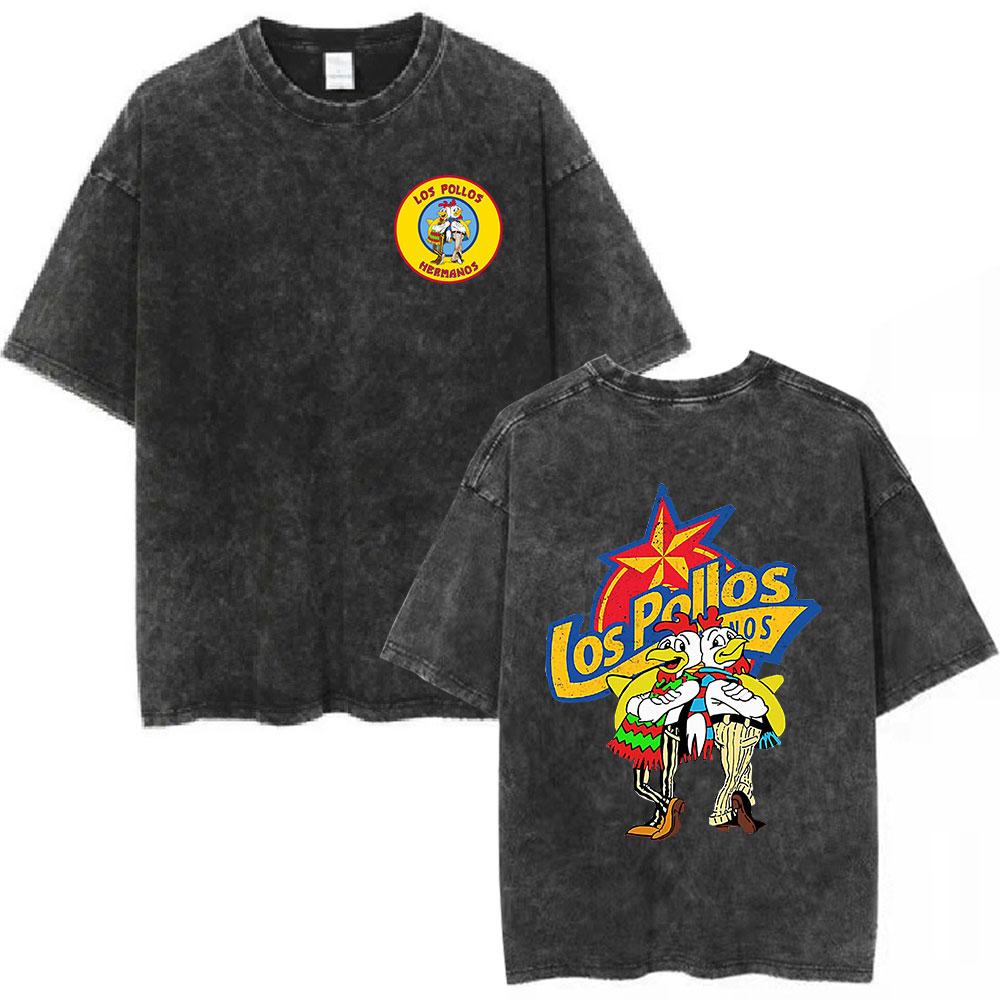 Unisex Los Pollos Hermanos Tshirt YK Breaking Bad Print Black Washed Oversized Short Sleeve Streetwear Tops
