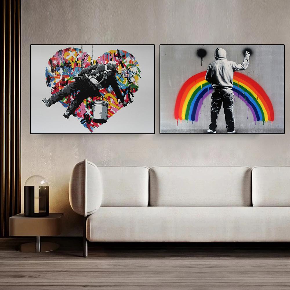 Уличные граффити, настенные художественные картины, постеры с сердечками, современная абстрактная фреска, популярные произведения искусства для печати на холсте, галерея домашнего декора
