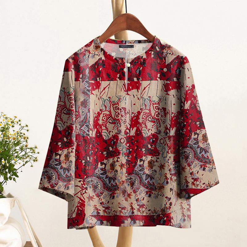 ZANZEA Женская свободная повседневная блузка с этническим принтом и рукавом 3/4