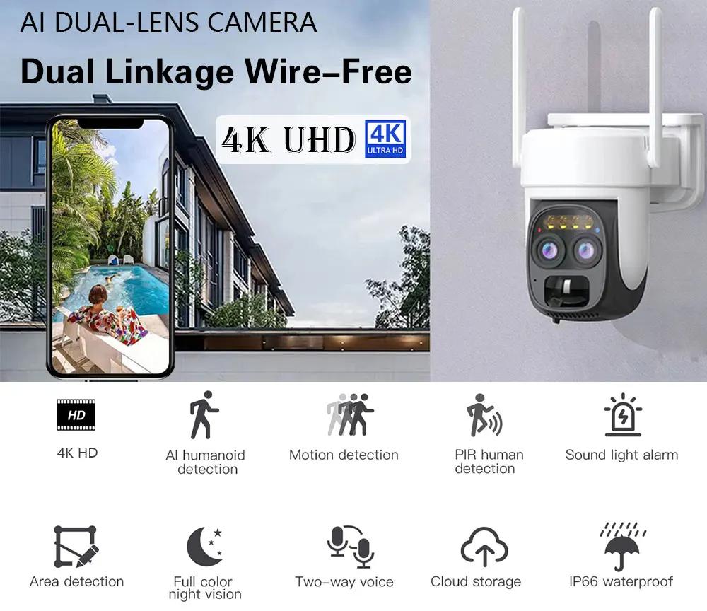 4K 8MP двойной объектив Wi-Fi солнечная камера уличная 10-кратный оптический зум двусторонняя аудио цветная камера ночного видения со встроенным аккумулятором камера безопасности