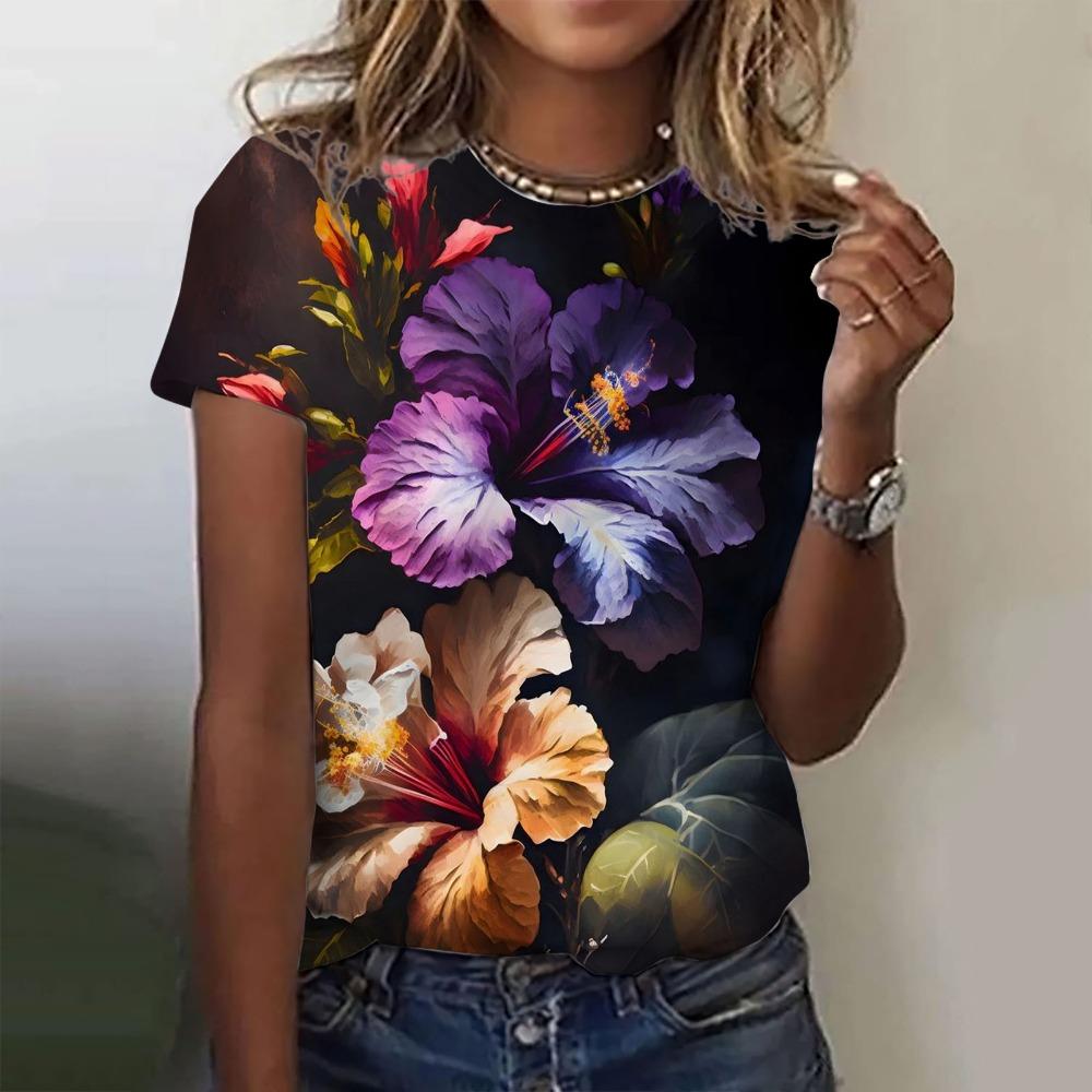 Women's T-Shirt Summer Short Sleeve Casual the Beautiful Flowers Print Top Funny Pattern Pullover T Shirts for Girls Sweater
