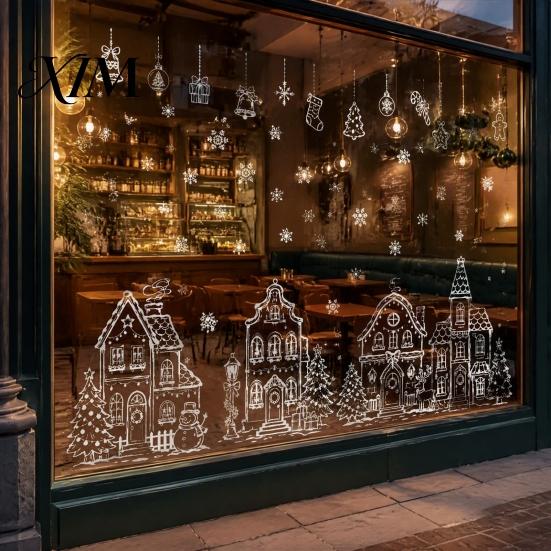 Static Window Decals 4Pcs Christmas Town House Stickers, Removable Snowflake Glass Home Ornaments Decals, Reusable PVC Clings for Holiday Party Decor