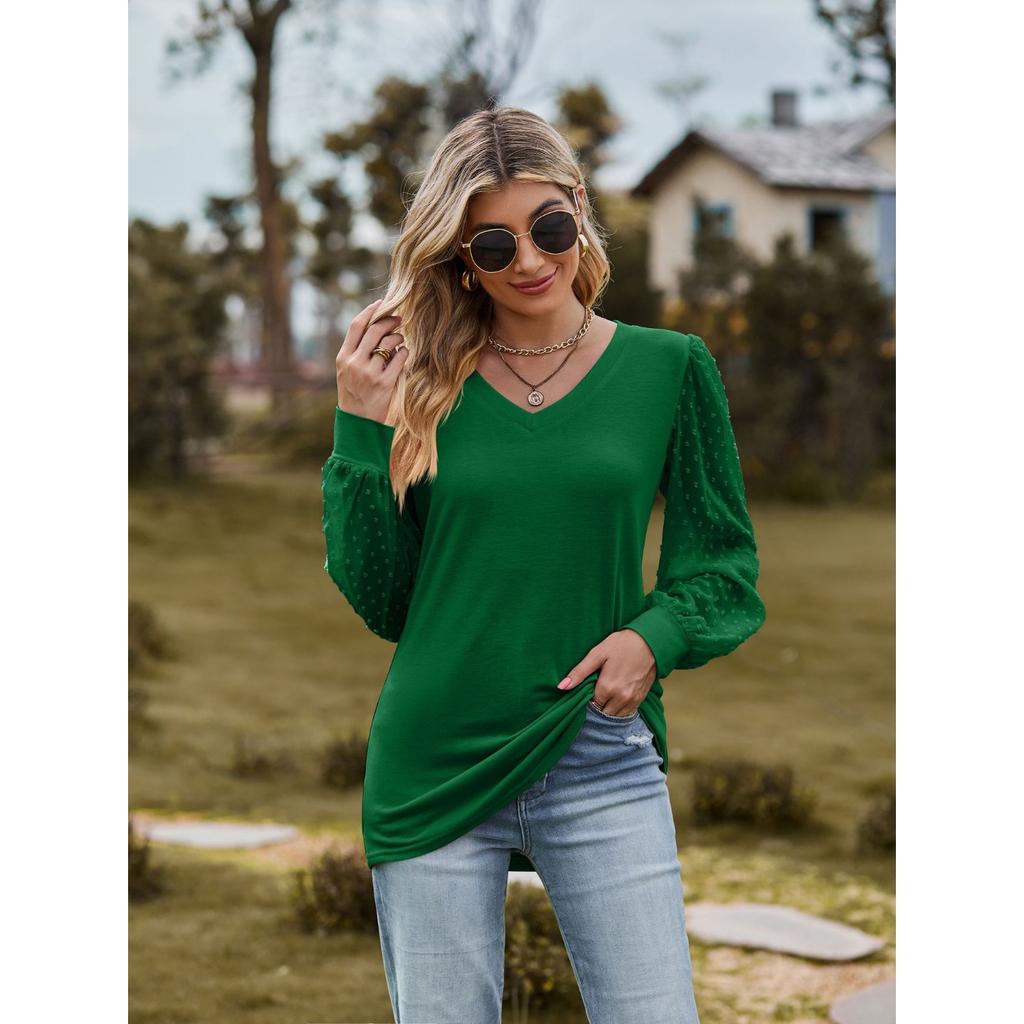 GMXIA Autumn Women's Long Sleeve T-shirt Solid Color V-neck Simple Gauze Bubble