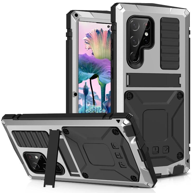 Rugged Armor Heavy Metal Case for Samsung S24 S23 S22 S21 Plus S20 Note 20 Ultra Aluminum Shockproof Cover Tempered Glass Stand