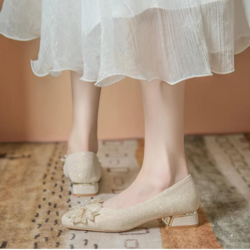 Элегантные туфли подружки невесты во французском стиле, удобные для повседневной носки, на низком толстом каблуке, женские китайские свадебные туфли-одиночки