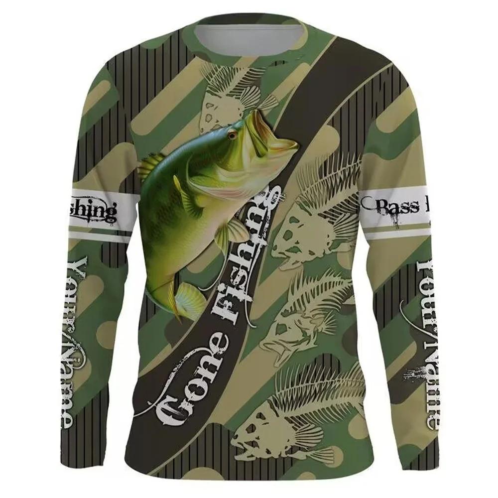 Long Sleeve Fishing T-shirt with Bass Fish Print, Ideal for Outdoor Fishing Activities