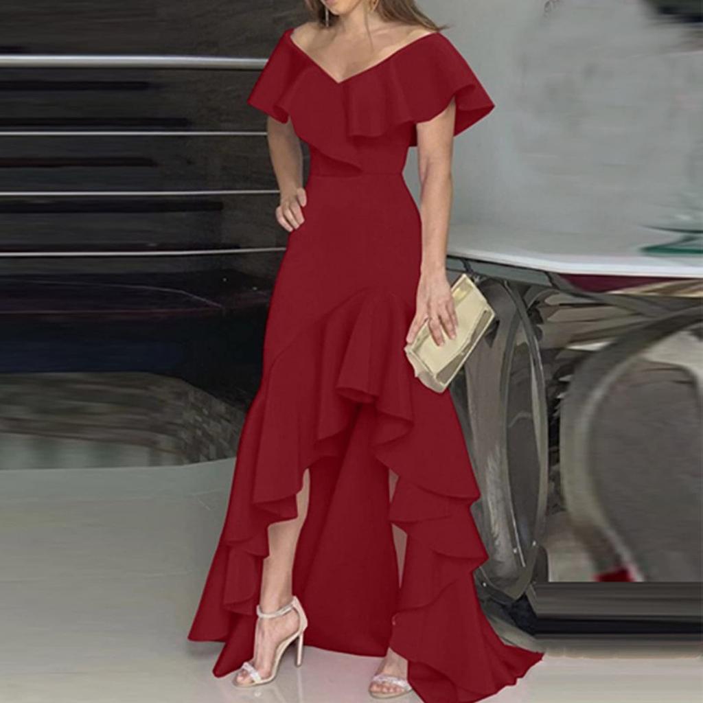Модное женское нерегулярное элегантное платье с v-образным вырезом и рюшами
