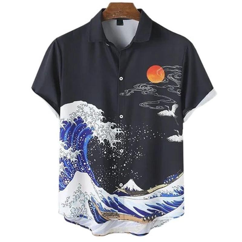 Men's Hawaiian Retro Waves Shirts 3D Printed Short Sleeves Casual Lapel Beach Style Tops Fashion Versatile Style Clothing