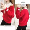 Women Knitted Sweater Autumn and Winter Colorblocking V-Neck Long Sleeve Knit Sweater Thickened Knit Jumper