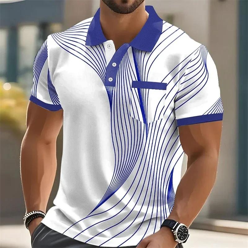 Stylish geometric line pattern short-sleeve polo shirt with pocket, casual and trendy.