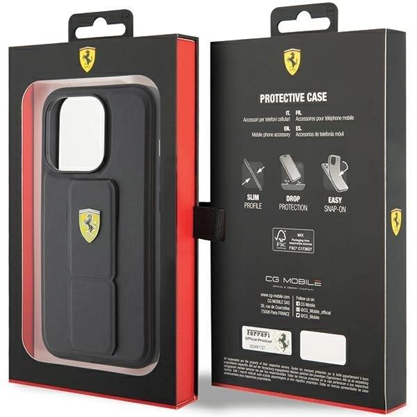 Ferrari Grip Stand Metal Logo Case For Iphone 15 Pro - Black
