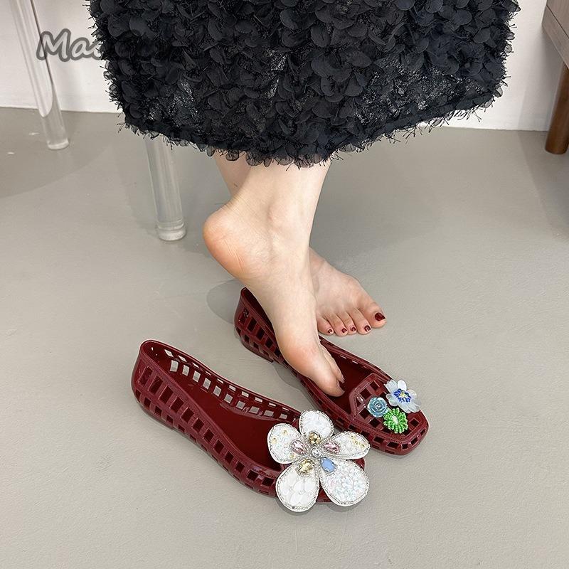 Transparent Crystal Jelly Sandals Hollow Out Slippers Korean Style Flat Shoes Women's Square Toe Shallow Slip On Ballet Loafers