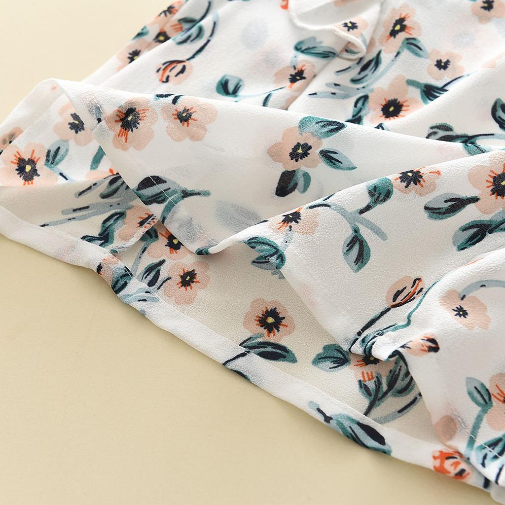 Летний комплект из двух предметов: топ с цветочным принтом и рукавами-крылышками + свободные однотонные шорты для девочек