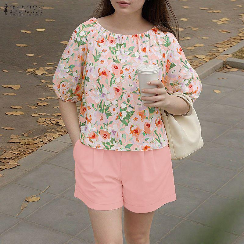 ZANZEA Женская блузка с коротким рукавом и шорты Летние костюмы-двойки с цветочным принтом