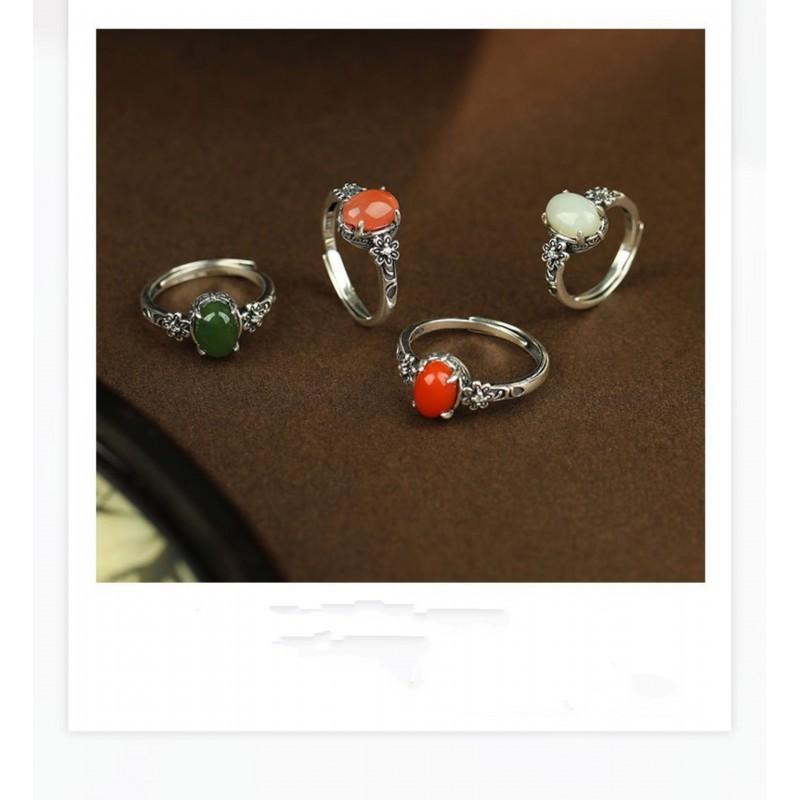 Adjustable Flower Ring Women Men Vintage Ethnic Style Red Agate Jade Oval Floral Statement
