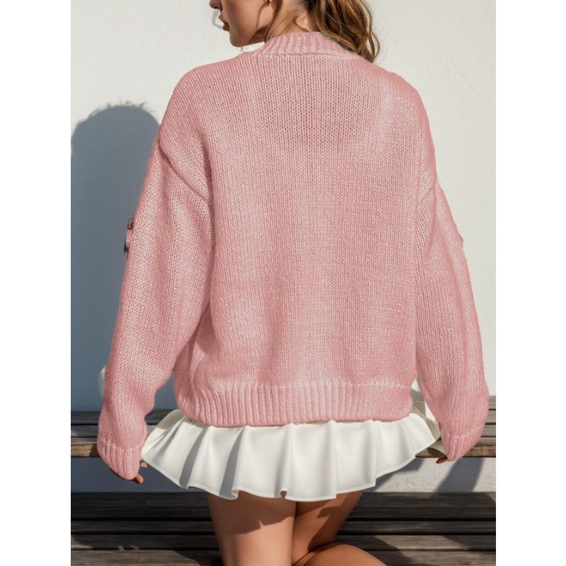 Женский осенне-зимний милый вязаный кардиган с длинным рукавом на пуговицах, свободный теплый свитер с цветочным принтом, открытое пальто спереди